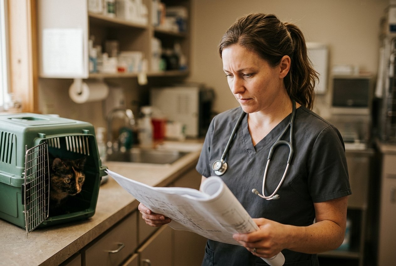 A veterinarian in scrubs reviewing a single-page readiness checklist at a quiet clinic desk, a calm dog resting beside her