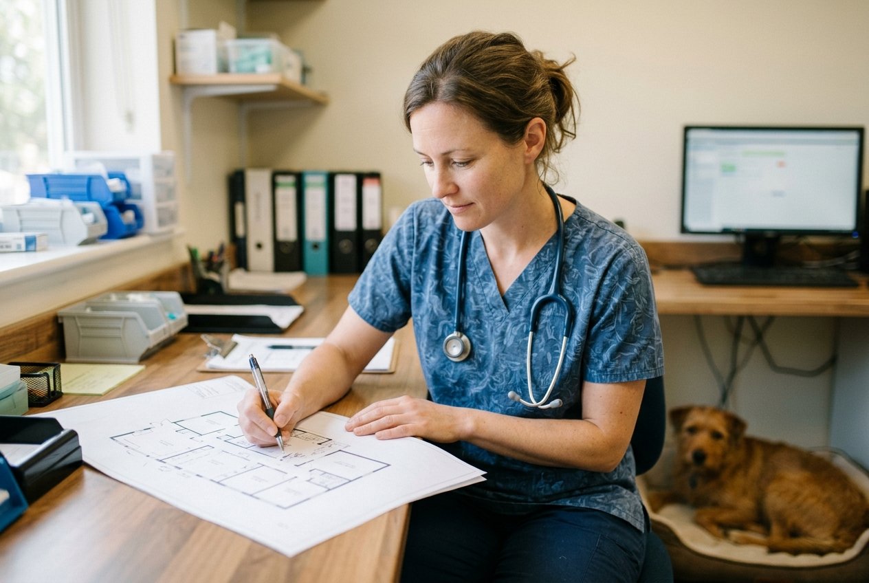 A veterinarian and a newly hired medical director reviewing a shared standard-operating-procedure binder together in a calm clinic, a cat resting on the exam table nearby