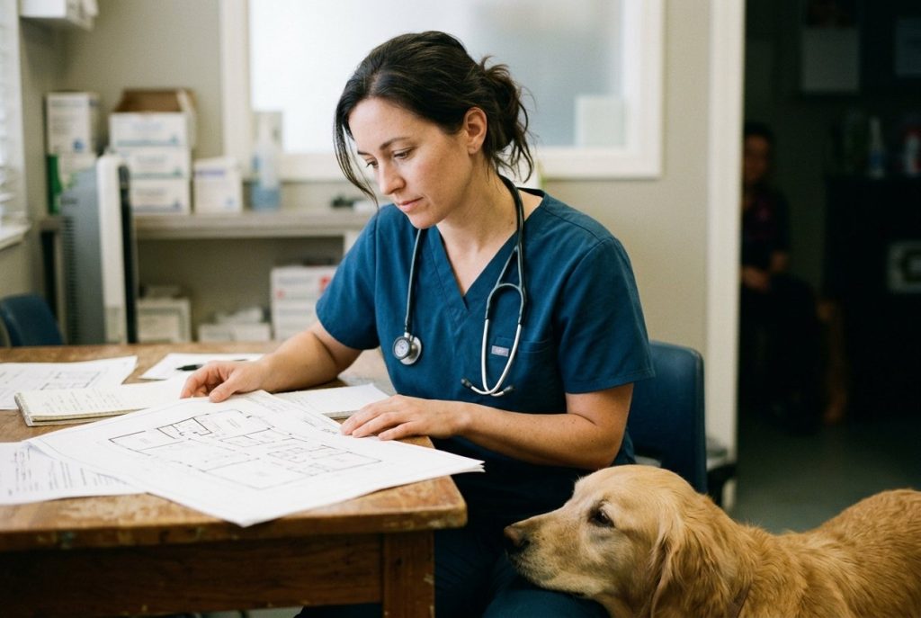 A veterinary practice owner in scrubs reviewing architectural floor plans for a new clinic, a calm dog beside