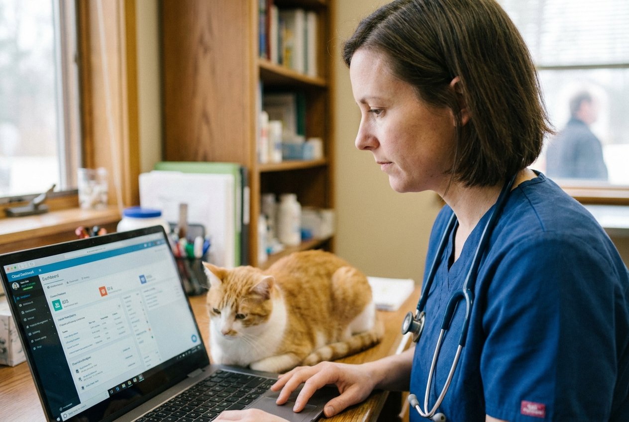 A veterinary practice owner in scrubs using cloud practice-management software on a laptop
