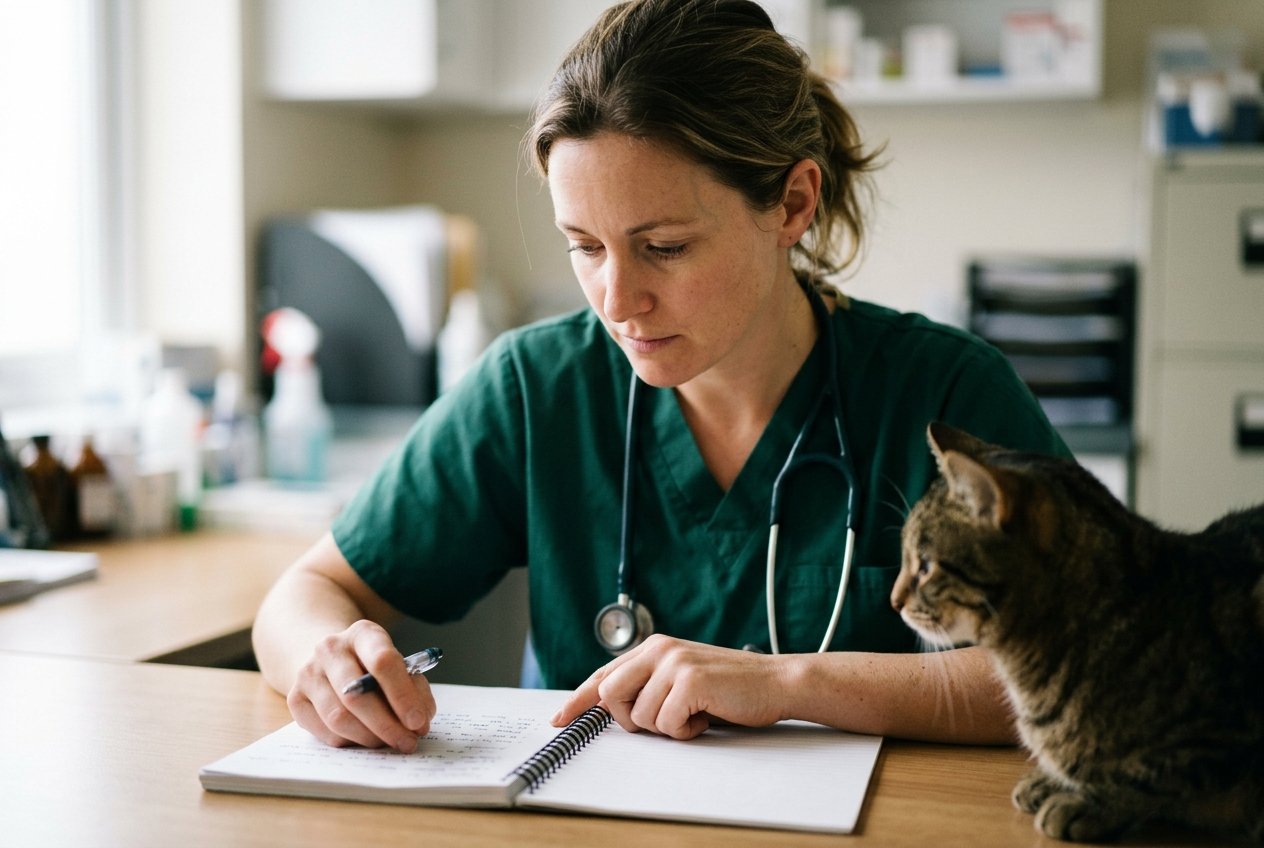 A veterinarian in scrubs reviewing an ownership-structure diagram on a tablet beside a calm dog in a quiet exam room