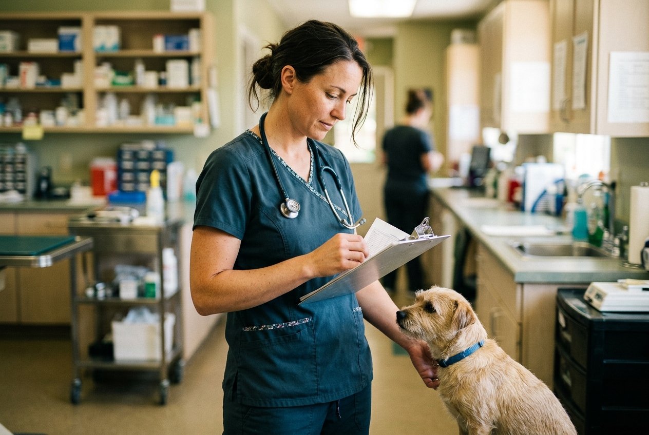 A veterinarian in a lab coat thinking through a decision at a clinic counter, a cat resting nearby, soft natural light