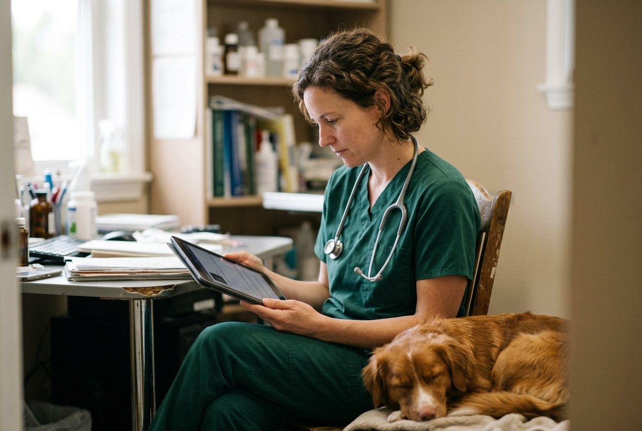 A veterinary practice owner in scrubs reading an industry article on a tablet in a quiet clinic moment, a calm dog beside