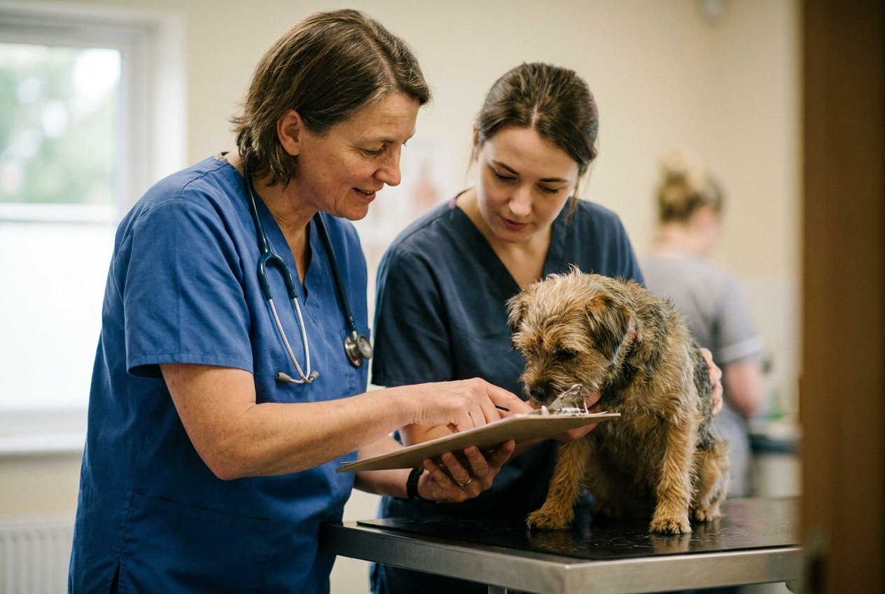 An experienced veterinarian in scrubs mentoring a new associate veterinarian over a patient in a modern clinic