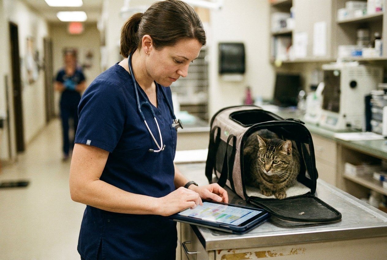 Two veterinarians in scrubs reviewing a packed appointment schedule on a screen in a clinic treatment area