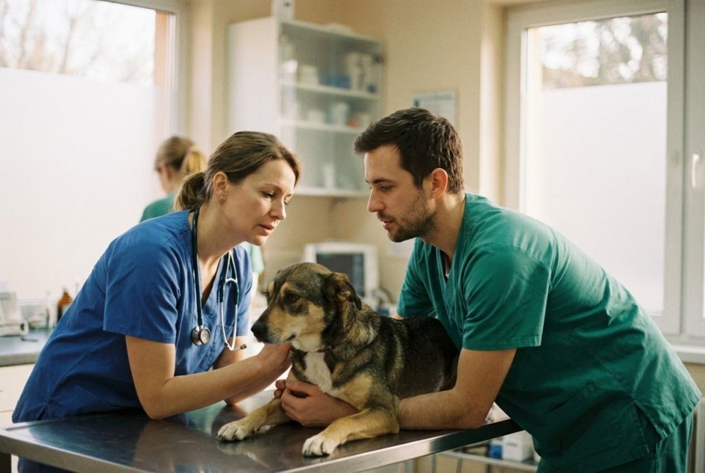 A veterinary practice owner in scrubs working closely with one new associate veterinarian over a patient