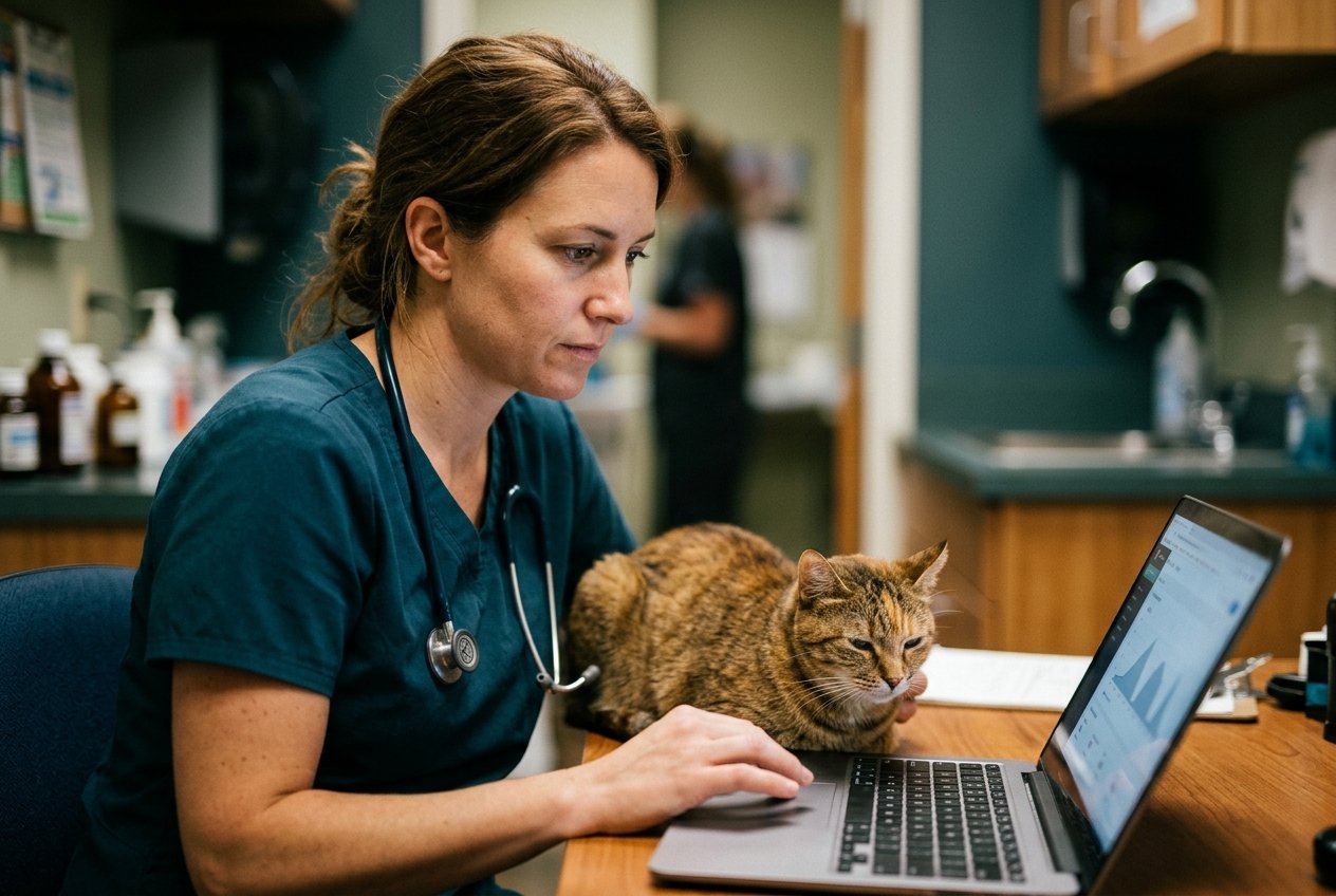 A veterinary practice owner in scrubs reviewing a multi-site dashboard on a laptop, a calm cat beside