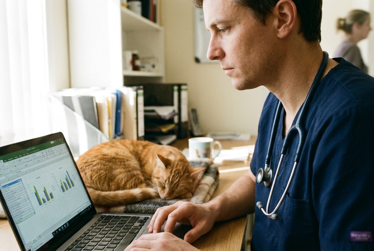 A veterinary practice owner in scrubs reviewing financial statements on a laptop, a cat beside the keyboard