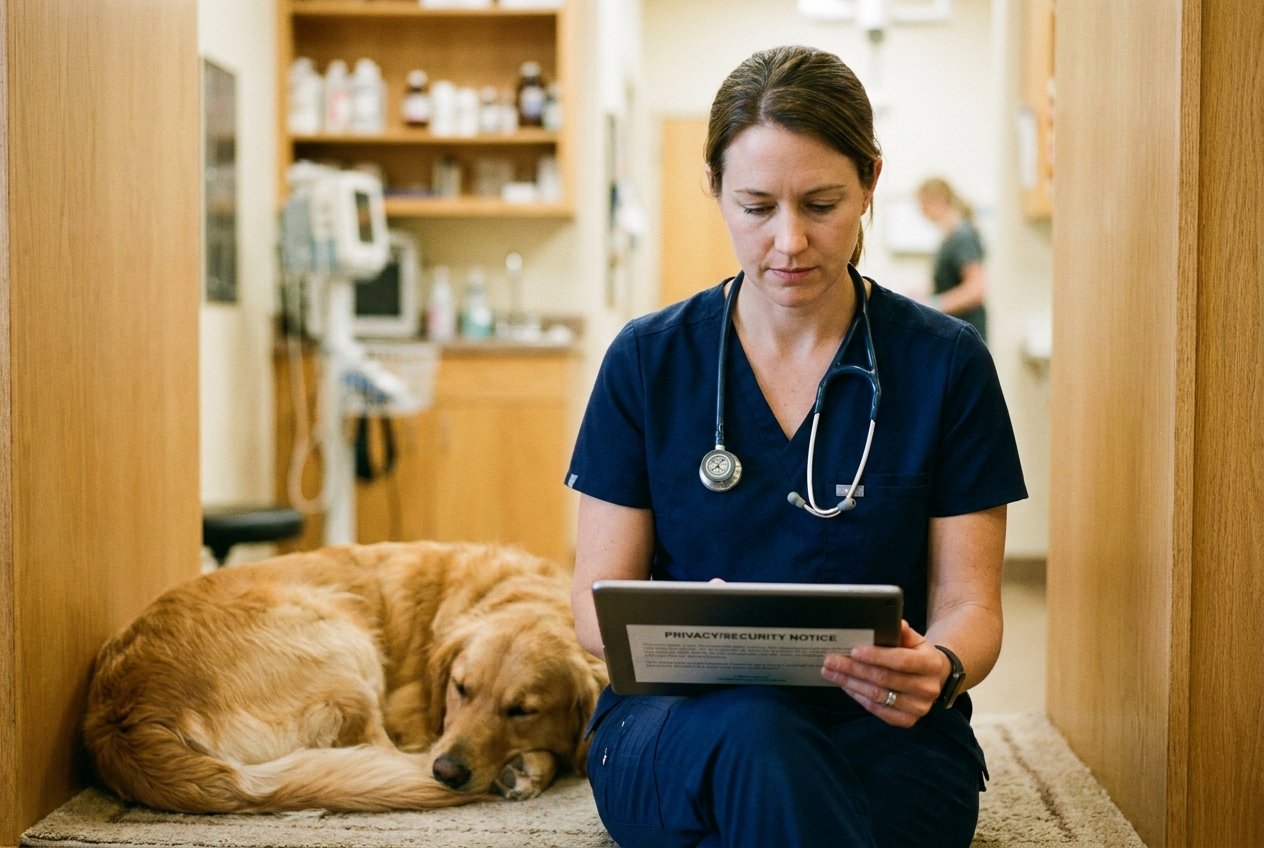 A veterinarian in scrubs at a clinic workstation, calmly logging into practice management software with a small dog resting on the exam table beside her