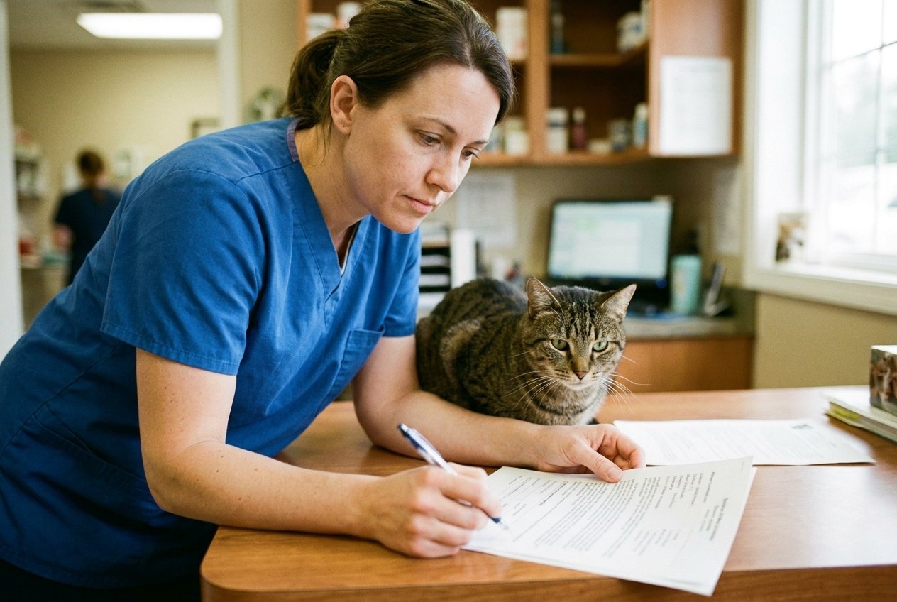 A veterinarian in scrubs reading a contract closely with a pen in hand, a cat nearby