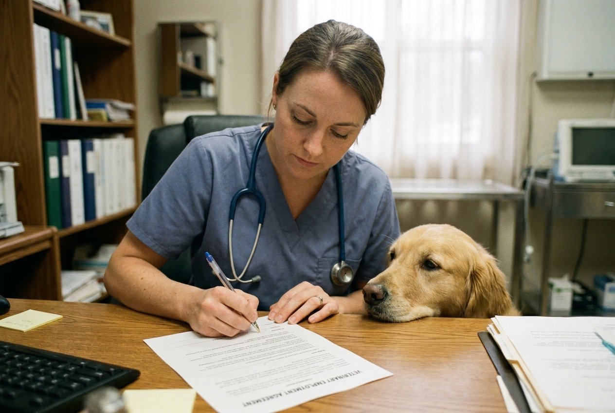 A veterinarian in scrubs reading and signing an employment document at a clinic desk, eyes down on the paperwork