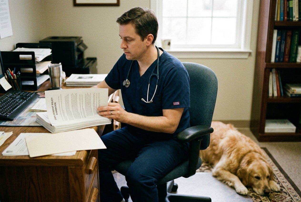 A veterinary practice owner in scrubs reviewing a printed employment document at a quiet clinic desk
