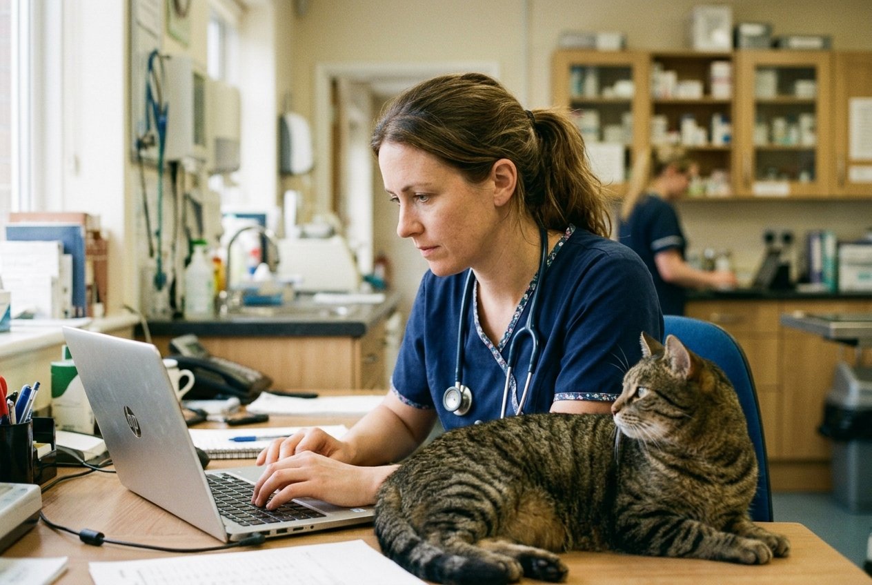 A veterinarian in scrubs reviewing a printed fee schedule at a quiet clinic desk, a calm dog resting beside her