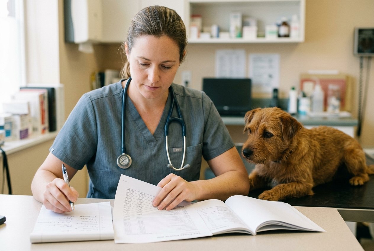 A veterinarian in a lab coat explaining an itemized treatment estimate to a focused colleague at a clinic, a cat resting on the exam table nearby