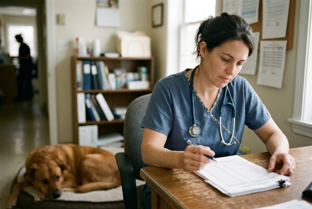 A veterinary practice owner in scrubs reviewing a printed fee schedule at a desk, a calm dog beside