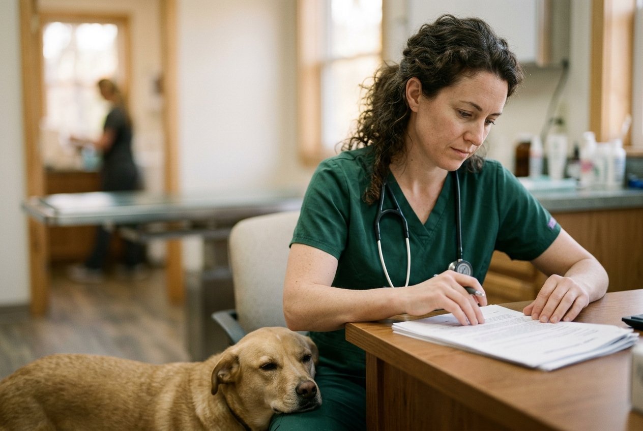 A veterinarian in scrubs reviewing a commercial lease document at a quiet clinic desk, a calm dog resting beside her