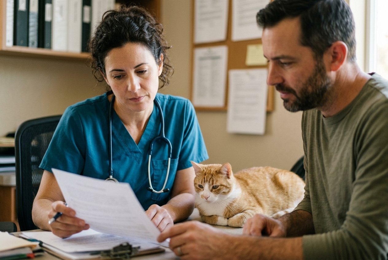 A veterinarian in a lab coat and a tenant-rep advisor reviewing lease terms together at a clinic, a cat resting on the exam table nearby