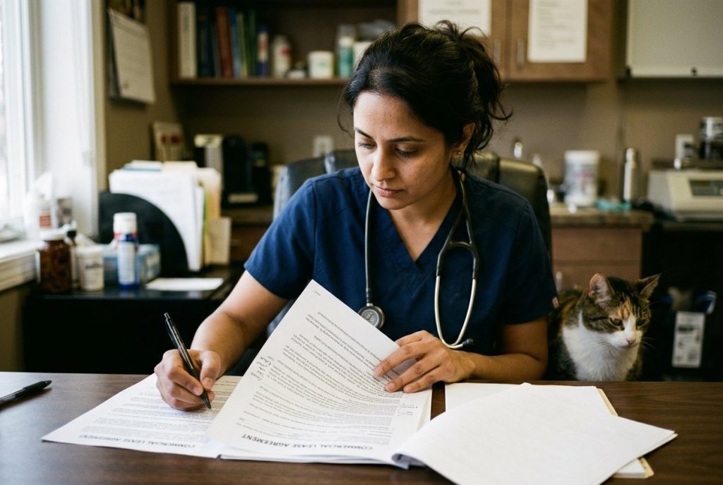 A veterinary practice owner in scrubs reading a commercial lease closely, pen in hand, a calm cat beside