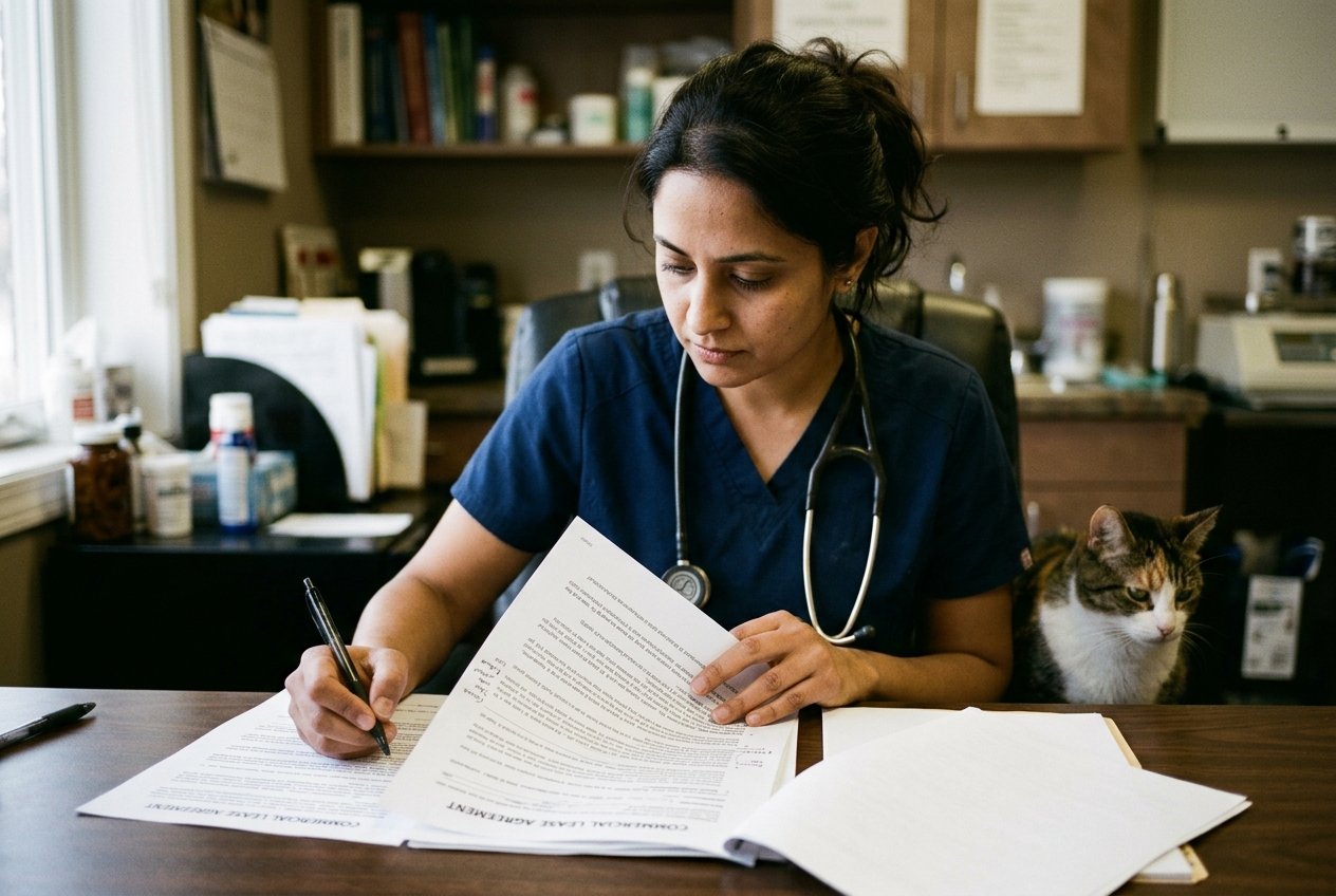 A veterinary practice owner in scrubs reading a commercial lease closely, pen in hand, a calm cat beside