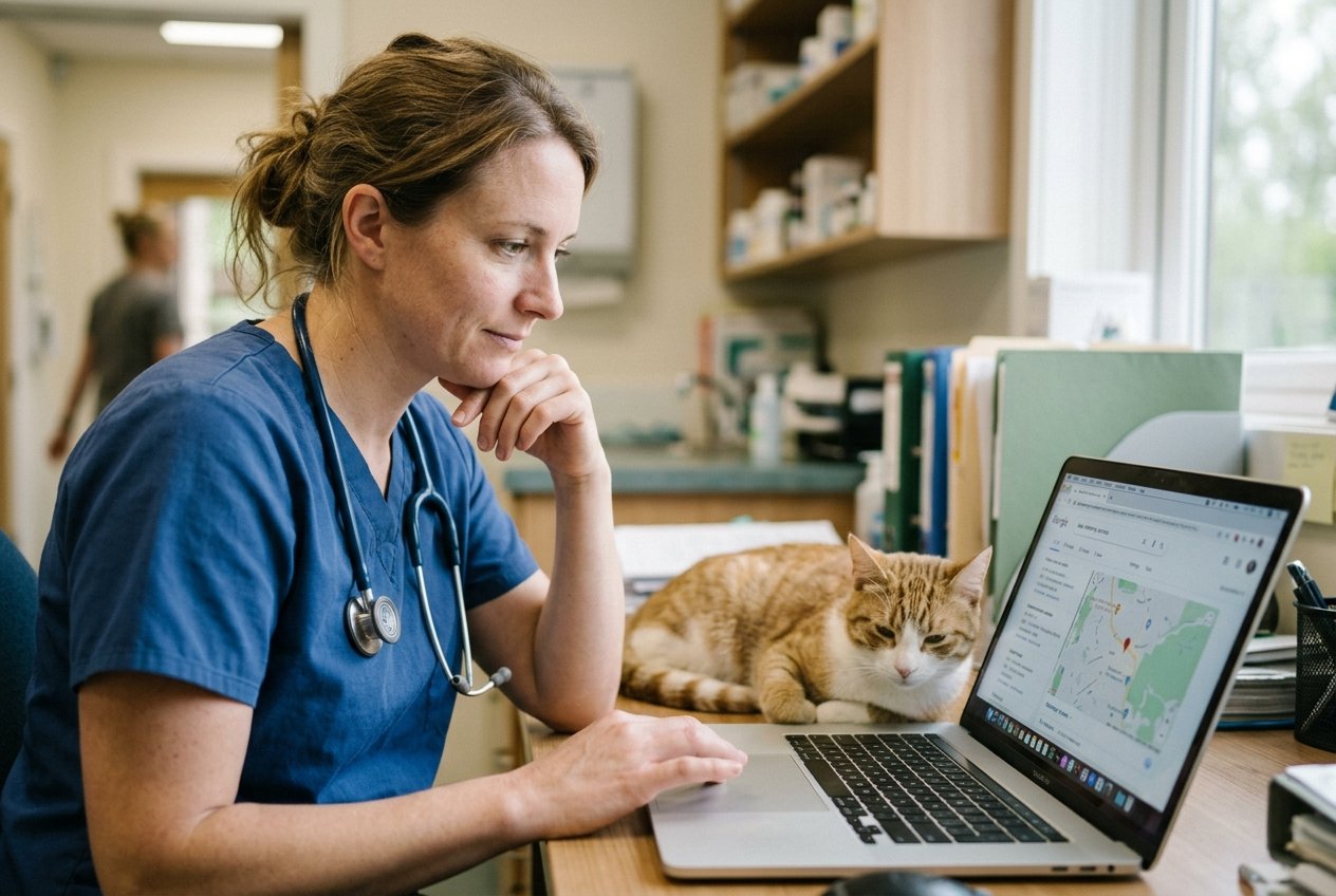 A veterinary practice owner in scrubs reviewing the clinic's local map listing on a laptop, a calm cat beside