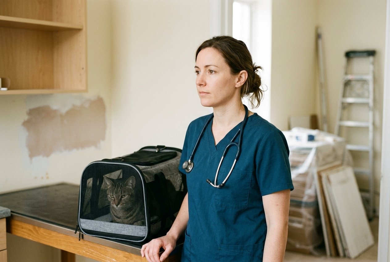 A veterinarian in scrubs standing in the bright, open treatment area of her own clinic with a calm dog beside her, considering the space