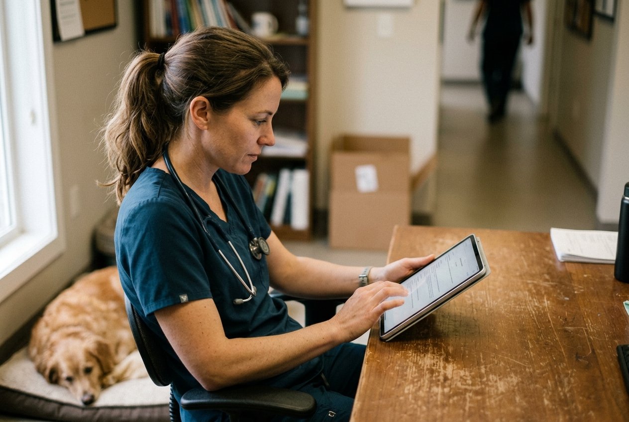 A veterinarian in a lab coat reviewing building financing and depreciation figures with a focused advisor at a clinic, a cat resting on the desk nearby