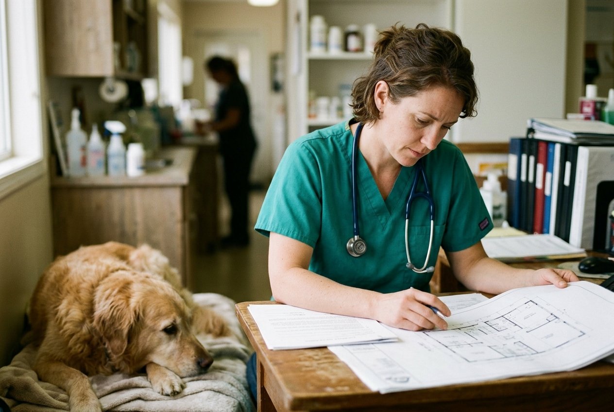 A veterinary practice owner in scrubs weighing real-estate documents and a floor plan at a desk, a calm dog beside