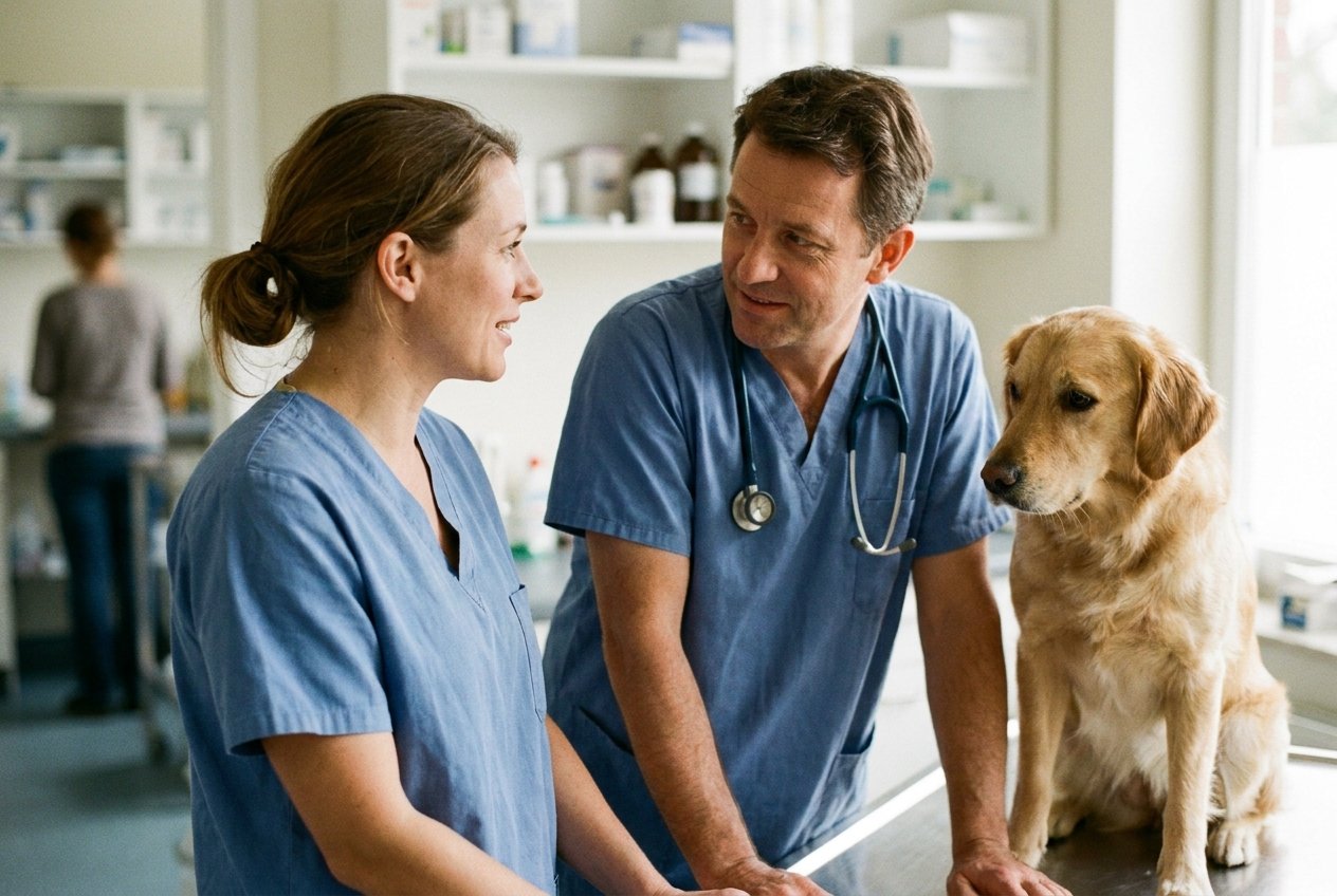 A veterinary team in scrubs in a short morning huddle in the treatment area of a modern clinic