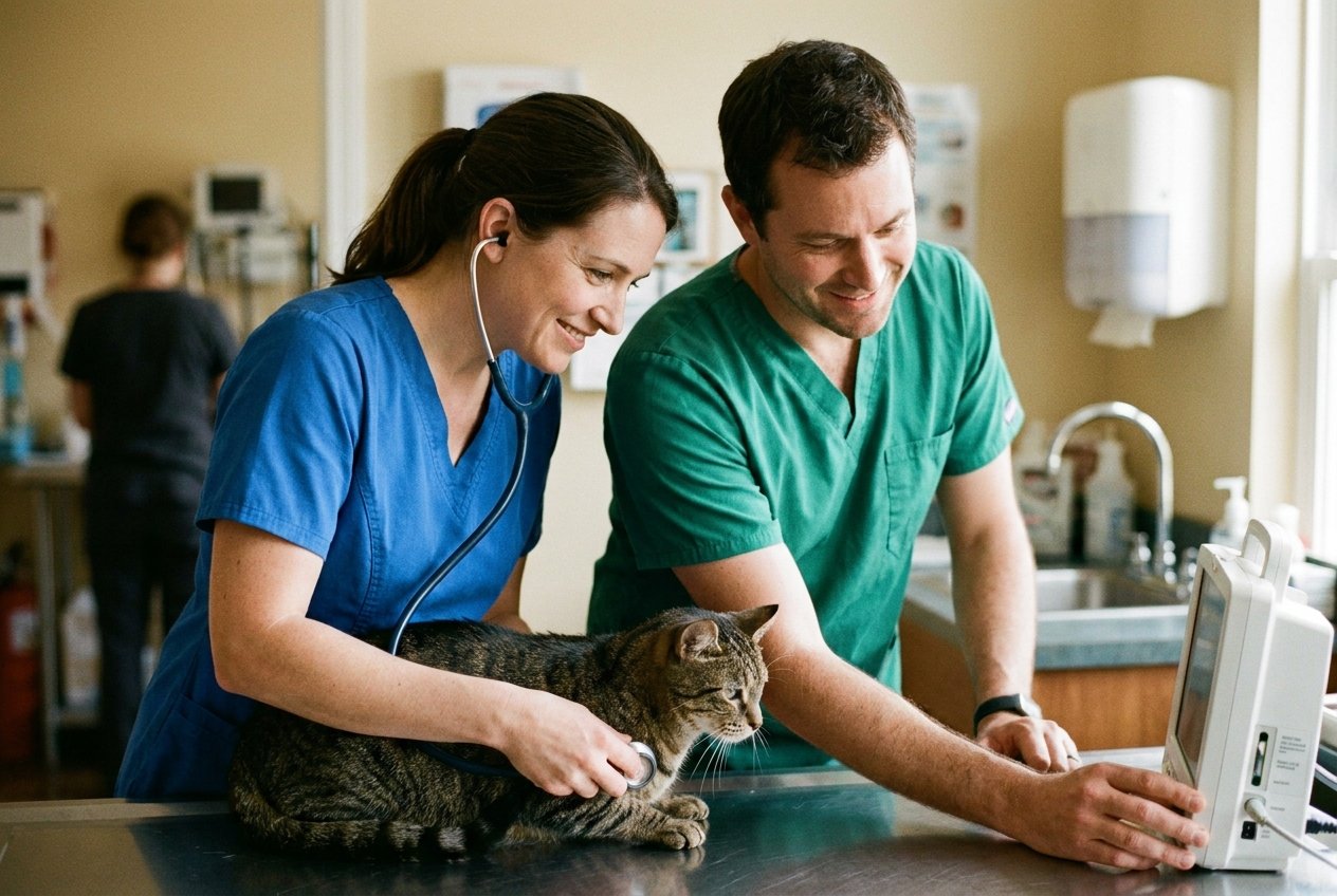 A veterinarian and a technician in scrubs working warmly together over a cat in a modern clinic