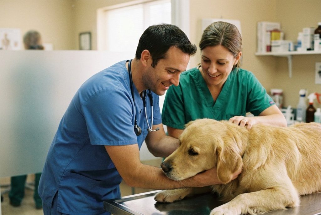 Two veterinary team members in scrubs caring warmly for a patient together, close up