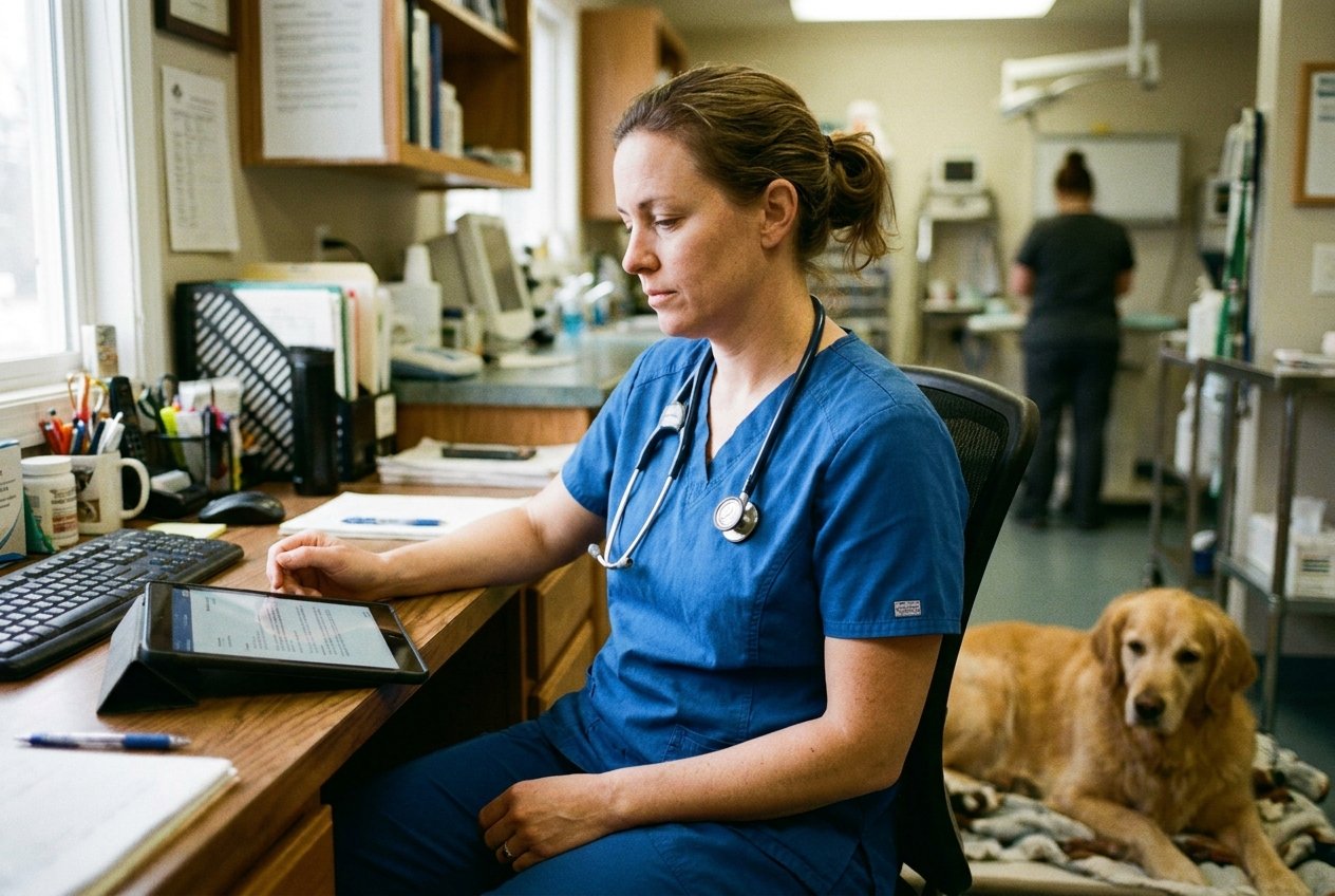 A veterinary practice owner in scrubs reviewing an insurance policy document on a tablet