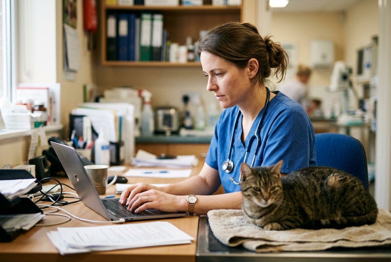 A veterinarian in scrubs reading patient reviews on a tablet at a quiet clinic reception desk, a calm dog sitting beside her