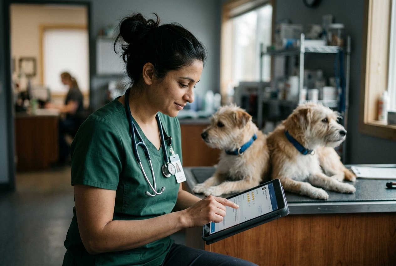Two veterinarians in lab coats calmly reviewing a clinic's online ratings together on a laptop, a cat resting on the desk nearby