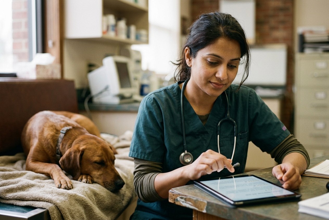 A veterinary practice owner in scrubs reading online client reviews on a tablet, thoughtful, a calm dog beside