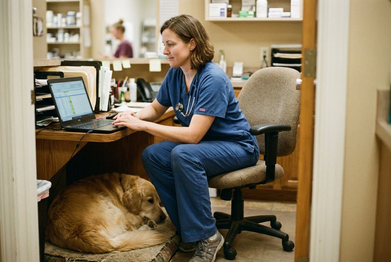 A veterinarian in scrubs reviewing a payroll and timesheet document at a clinic desk with a dog resting nearby