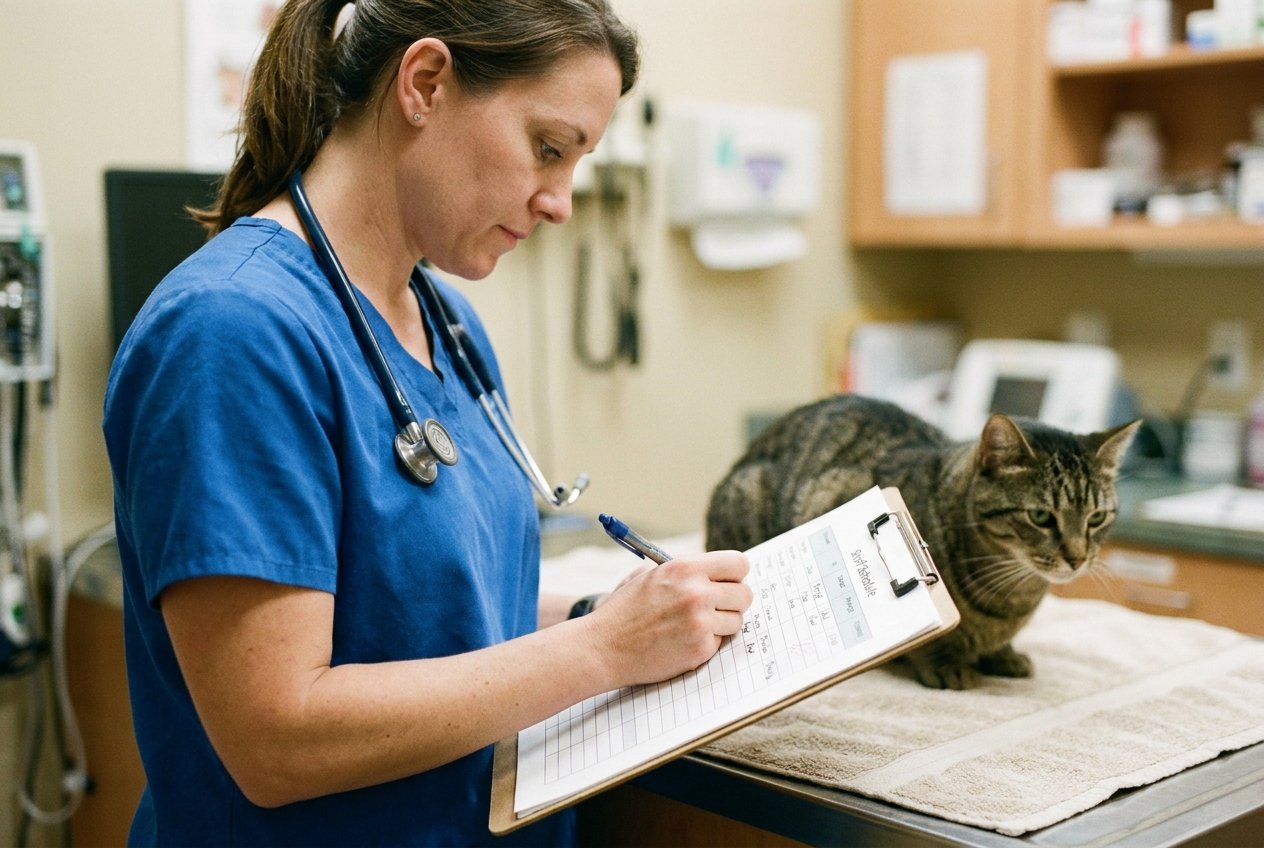 Two veterinary team members in scrubs reviewing a written staff schedule and break policy together in a calm clinic setting