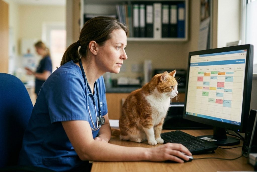 A veterinary practice owner in scrubs reviewing a staff schedule on a screen in a clinic office
