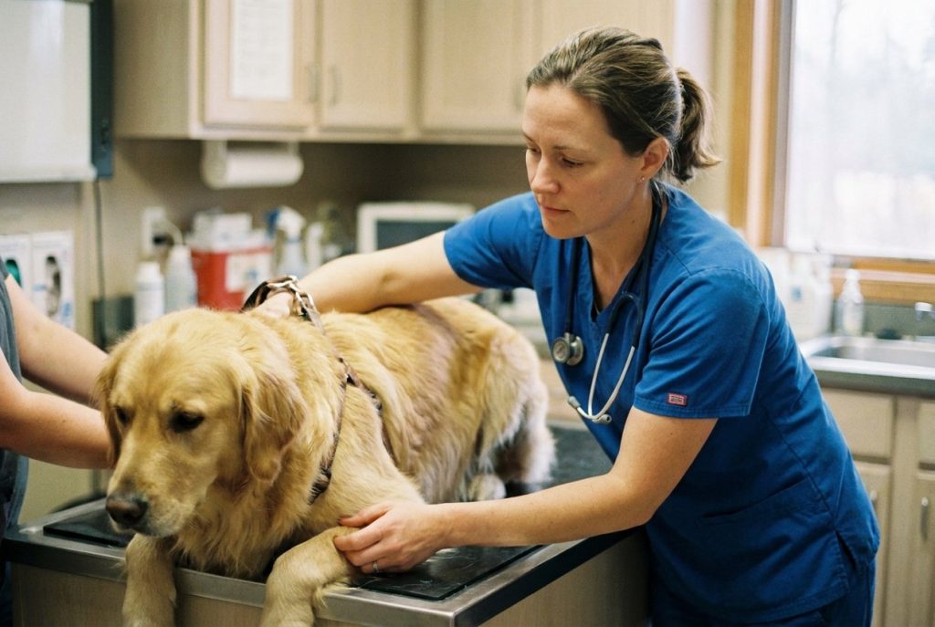 A veterinary practice owner in scrubs reviewing safe animal-handling in the treatment area, a calm dog nearby